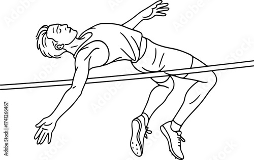 Black and white outline of a high jumper twisting body, minimal vector illustration perfect for athletics, sports posters, and track and field design