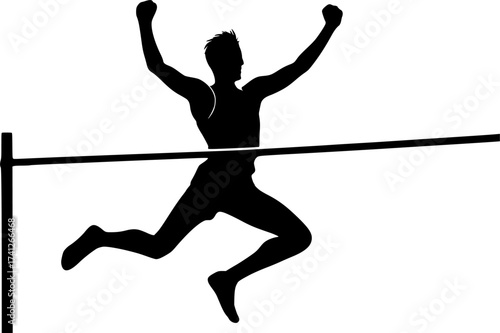 Black and white silhouette of a high jumper raising arms after jump, dynamic vector illustration perfect for athletics, sports posters, and track and field design