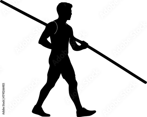 Black and white silhouette of a pole vaulter leaning pole on shoulder, dynamic vector illustration perfect for athletics, sports posters, and track and field design