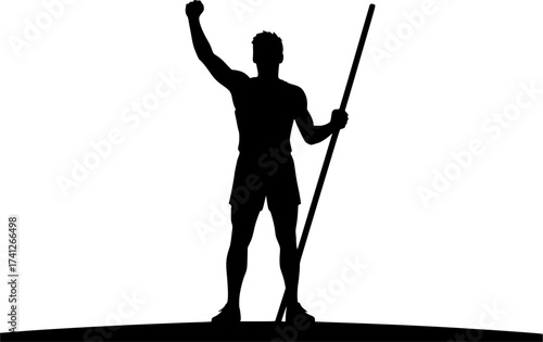 Black and white silhouette of a pole vaulter standing victorious, dynamic vector illustration perfect for athletics, sports posters, and champion designs
