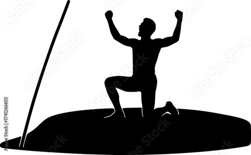 Minimalist silhouette of a pole vaulter celebrating on mat, dynamic black vector illustration perfect for athletics, sports posters, and champion designs