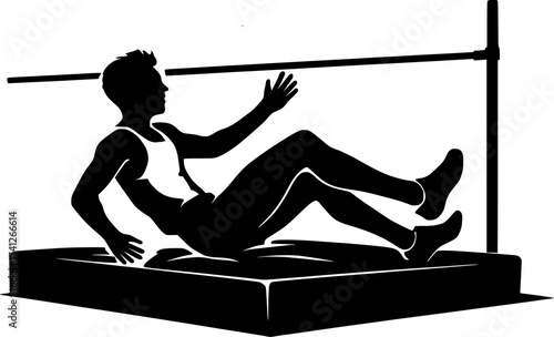 Monochrome silhouette of a high jumper landing on mat, dynamic black vector illustration ideal for athletics, sports posters, and fitness graphic design