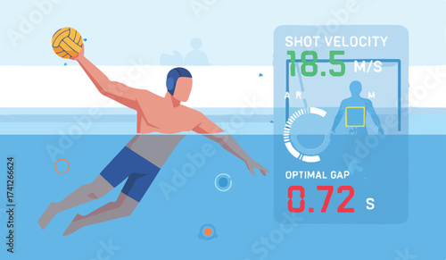 AI Water Polo Shot Velocity and Goalkeeper Prediction Vector Illustration. Player Training with Sensor Data