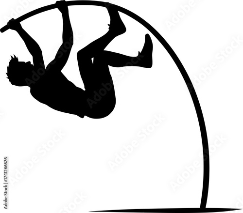 Monochrome silhouette of a pole vaulter with pole bending, dynamic vector illustration ideal for athletics, sports posters, and fitness graphic design