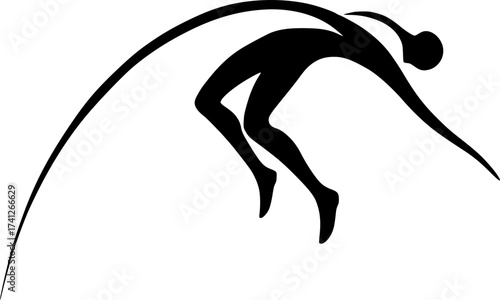 Abstract curved line forming high jumper’s flight arc, minimalist vector illustration ideal for athletics, sports posters, and modern design