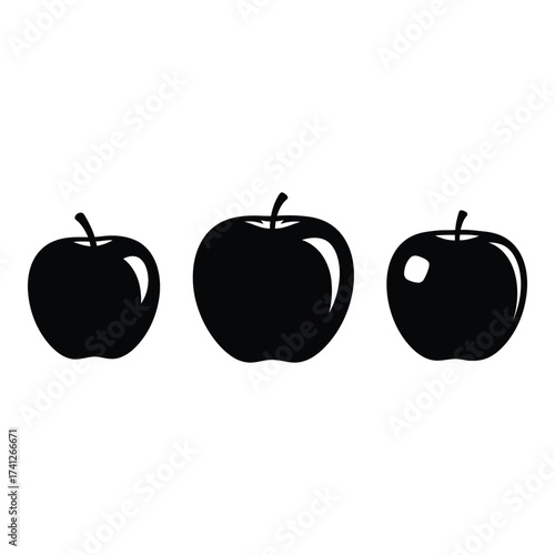 Three simple silhouette apples displayed in a row creating a visual grouping of fruit silhouette