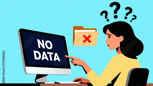 Woman confused by computer showing no data