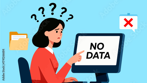 Woman confused by computer showing no data