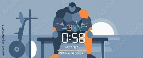 AI Weightlifting Optimal Rest and Recovery Timing Vector Illustration. Athlete Reviewing HRV and Stress Data