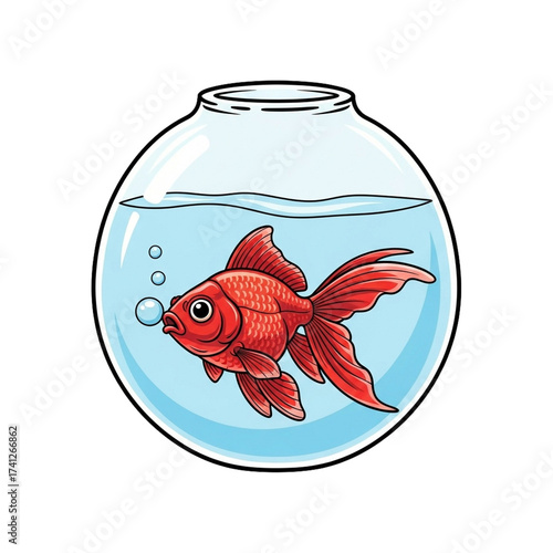 Red goldfish swimming in a clear glass fishbowl with water