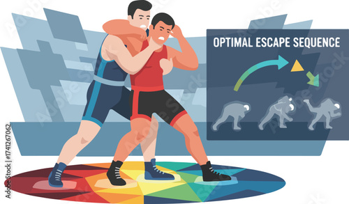 AI Wrestling Submission Defense and Counter-Movement Analysis Vector Illustration. Grapplers Training with Smart Mats