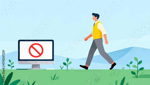 Man walking away from computer with prohibition sign