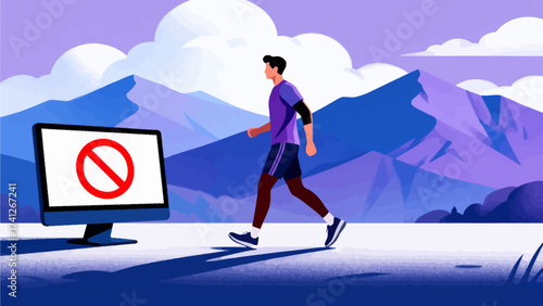 Man walking away from computer with prohibition symbol