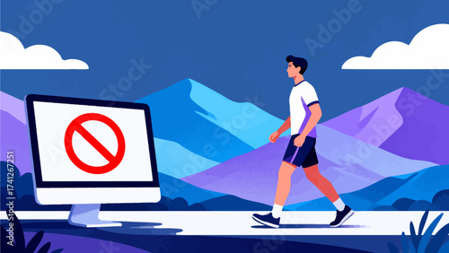 Man walking away from computer with prohibition sign