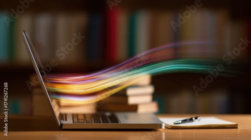 A laptop emits colorful light trails in a library setting, symbolizing digital learning and creative information flow