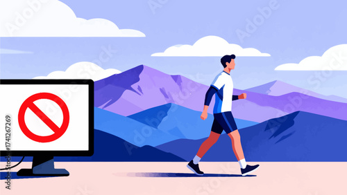 Man walking away from computer with prohibition symbol