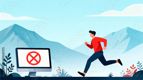 Man running away from computer with prohibition symbol