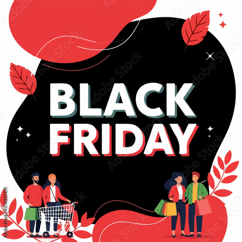 Black Friday Sale Illustration: Diverse Shoppers with Bags, Cart, Autumn Leaves, and Bold Text