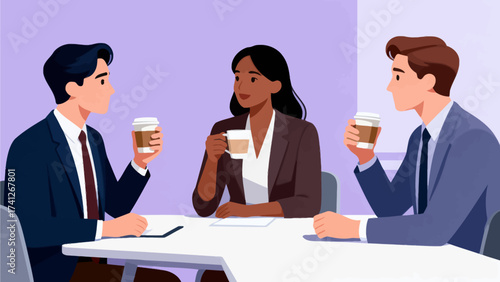 Three people in business attire having coffee meeting