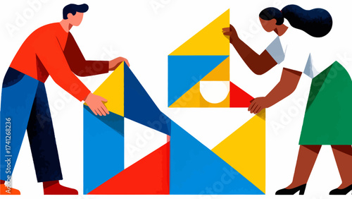 Two people assembling colorful geometric shapes