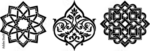 Black Vector Silhouette: Set of Three Geometric Pattern Tiles	A set of three small, highly detailed black vector silhouettes of common Islamic geometric patterns (e.g., repeating star, arabesque