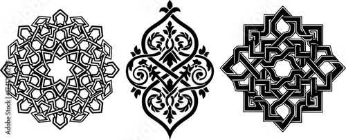 Black Vector Silhouette: Set of Three Geometric Pattern Tiles	A set of three small, highly detailed black vector silhouettes of common Islamic geometric patterns (e.g., repeating star, arabesque