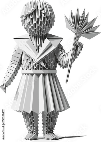 Intricate 3D origami figure crafted from modular paper units, showcasing complex geometric folds in a monochromatic artistic representation of a character