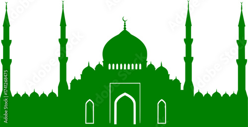 Black Vector Silhouette: Ornate Mosque Dome and Minarets	A detailed black vector silhouette of a grand Mosque facade, featuring a large central dome flanked by two tall, pointed minarets