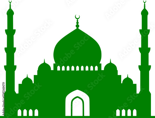 Black Vector Silhouette: Ornate Mosque Dome and Minarets	A detailed black vector silhouette of a grand Mosque facade, featuring a large central dome flanked by two tall, pointed minarets
