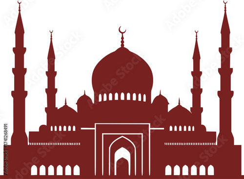 Black Vector Silhouette: Ornate Mosque Dome and Minarets	A detailed black vector silhouette of a grand Mosque facade, featuring a large central dome flanked by two tall, pointed minarets
