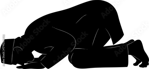 Black Vector Silhouette: Man Prostrating in Prayer (Sujud)	A profound black vector silhouette of a man performing Sujud (prostration) during Salat (prayer), with the forehead, hands, knees, and feet 