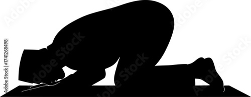 Black Vector Silhouette: Man Prostrating in Prayer (Sujud)	A profound black vector silhouette of a man performing Sujud (prostration) during Salat (prayer), with the forehead, hands, knees, and feet 