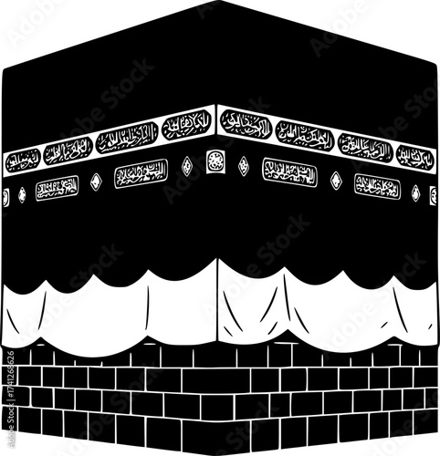 Black Vector Silhouette: Kaaba in Mecca	A distinct black vector silhouette of the Kaaba in Mecca, shown as a simple, large cubic structure draped in a kiswah (cloth)