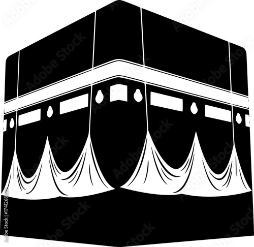 Black Vector Silhouette: Kaaba in Mecca	A distinct black vector silhouette of the Kaaba in Mecca, shown as a simple, large cubic structure draped in a kiswah (cloth)