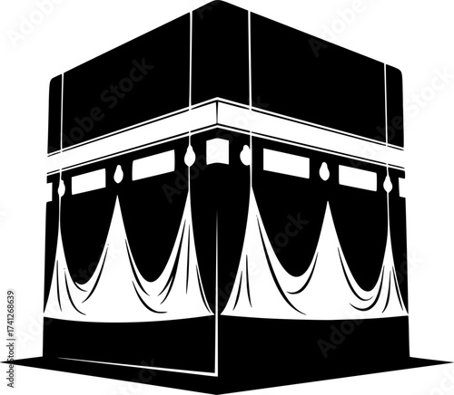 Black Vector Silhouette: Kaaba in Mecca	A distinct black vector silhouette of the Kaaba in Mecca, shown as a simple, large cubic structure draped in a kiswah (cloth)