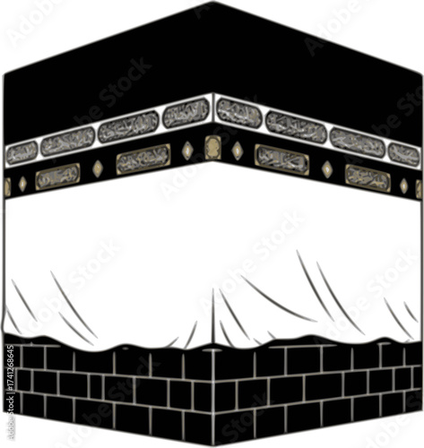 Black Vector Silhouette: Kaaba in Mecca	A distinct black vector silhouette of the Kaaba in Mecca, shown as a simple, large cubic structure draped in a kiswah (cloth)