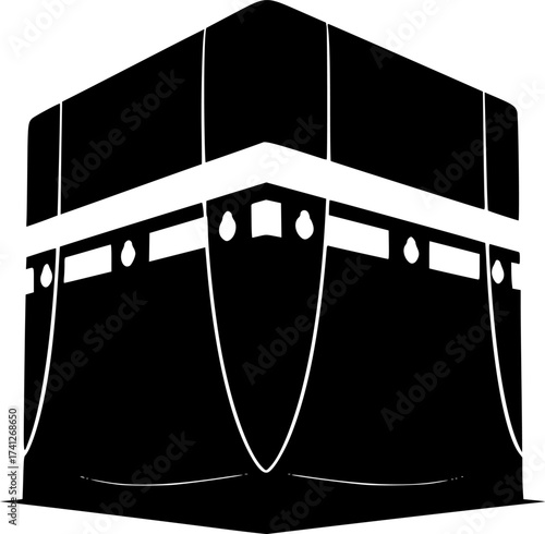 Black Vector Silhouette: Kaaba in Mecca	A distinct black vector silhouette of the Kaaba in Mecca, shown as a simple, large cubic structure draped in a kiswah (cloth)