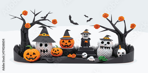 Halloween clay figures, pumpkins, ghosts, and bats against a white background