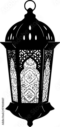 Black Vector Silhouette: Lantern (Fanoos) with Intricate Details	A detailed black vector silhouette of a traditional Fanoos (lantern), often used during Ramadan