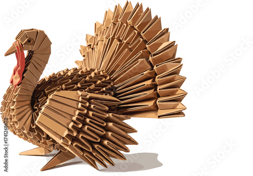 A detailed 3D modular origami turkey figurine, handcrafted from brown paper for a festive Thanksgiving holiday centerpiece