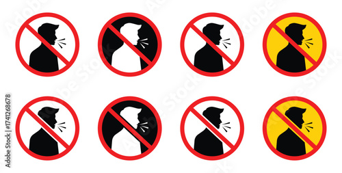 do not speak icon. Keep Quiet sign.Do not talk loud in this area, no scream. Courtesy sign.