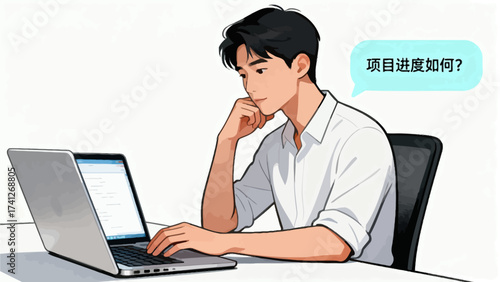 Man working on laptop with speech bubble