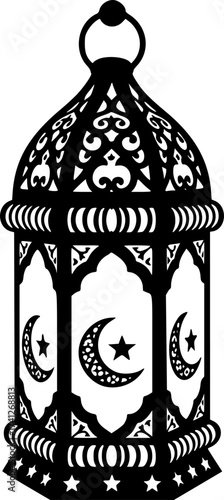 Black Vector Silhouette: Lantern (Fanoos) with Intricate Details	A detailed black vector silhouette of a traditional Fanoos (lantern), often used during Ramadan