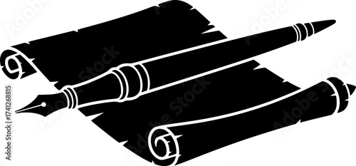 Black Vector Silhouette: Traditional Arabic Calligraphy Pen (Qalam)	A strong black vector silhouette of a Qalam (traditional reed pen) resting beside a stylized piece of scroll or paper, islam rep
