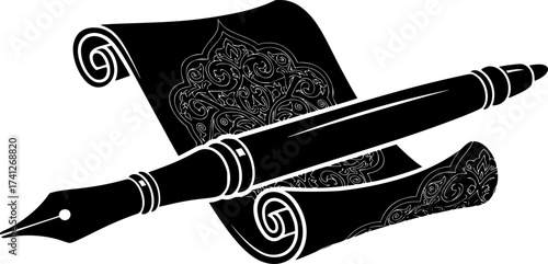 Black Vector Silhouette: Traditional Arabic Calligraphy Pen (Qalam)	A strong black vector silhouette of a Qalam (traditional reed pen) resting beside a stylized piece of scroll or paper, islam rep