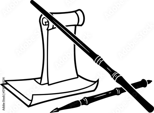 Black Vector Silhouette: Traditional Arabic Calligraphy Pen (Qalam)	A strong black vector silhouette of a Qalam (traditional reed pen) resting beside a stylized piece of scroll or paper, islam rep
