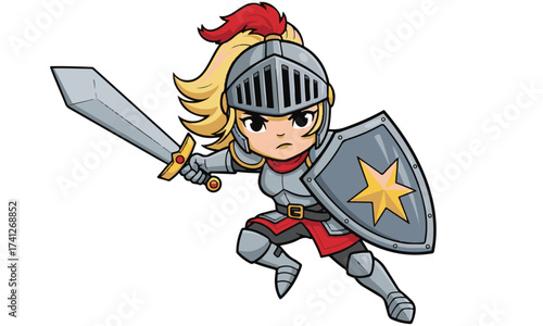 Mighty Female Knight Character in Full Armor with Sword and Shield