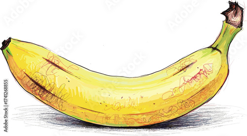 Detailed artistic sketch of a fresh organic banana fruit with a yellow peel isolated on a white background