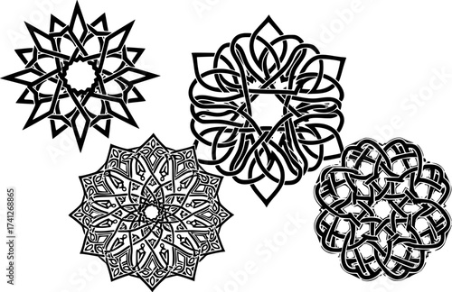 Black Vector Silhouette: Set of Three Geometric Pattern Tiles	A set of three small, highly detailed black vector silhouettes of common Islamic geometric patterns (e.g., repeating star, arabesque