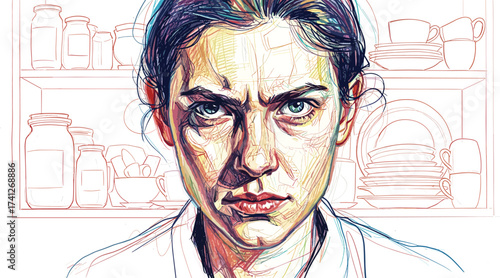 Intense Portrait of a Woman with Determined Eyes, Illuminated by Dramatic Lighting